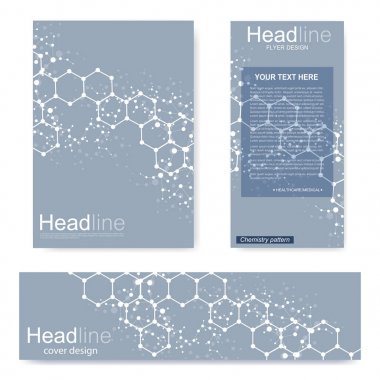 Broşür, A4 şablonu, afiş ayarla. Birbirine bağlı çizgiler ve noktalar olan moleküler yapı. Dergi, broşür, kapak, poster tasarımı için elementleri olan bilimsel desenli atom DNA 'sı.