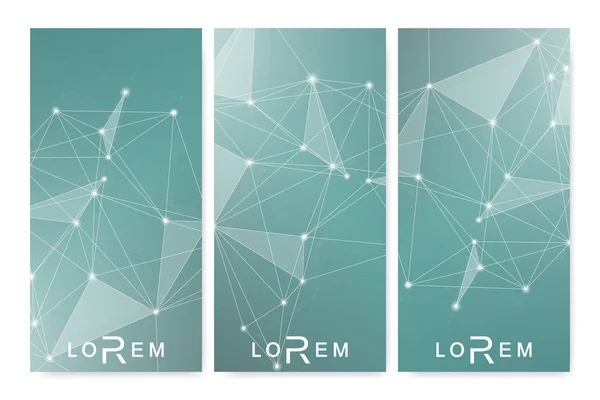 Modernes Set von Vektorflyern, Bannern. Geometrisch abstrakte Darstellung. Molekular- und Kommunikationshintergrund für Medizin, Naturwissenschaften, Technik, Chemie. — Stockvektor