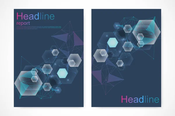 Broszura Szablony biznesowe, magazyn, ulotki, ulotki, cover, broszury, roczne sprawozdanie. Naukowa koncepcja medycyna, technologia, chemii. Struktura cząsteczki sześciokątne. DNA, atom, neurony — Wektor stockowy