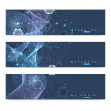 Modern vektör afiş bilimsel kümesi. DNA molekül yapısıyla bağlantılı çizgiler ve noktalar. Bilim vektör arka plan. Tıp, teknoloji, kimya tasarım.