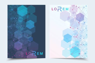 Broşür dergisi broşürleri için vektör şablonları yıllık broşür kapağı raporu. Parçacık, tıp, teknoloji, kimya, bilim için molekül yapısı ile modern fütürist altıgen desen.
