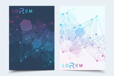 Broşür dergisi broşürleri için vektör şablonları yıllık broşür kapağı raporu. Parçacık, tıp, teknoloji, kimya, bilim için molekül yapısı ile modern fütürist altıgen desen.
