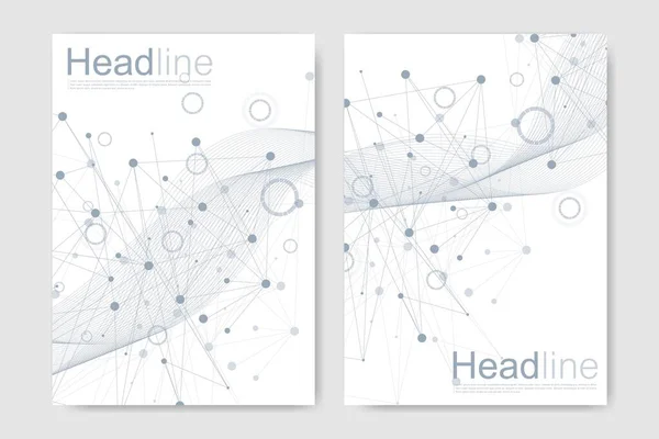 Modello di brochure scientifica. Layout volantino vettoriale, Struttura molecolare con linee e punti collegati. DNA atomo modello scientifico con elementi per rivista, opuscolo, copertina, disegno poster. — Vettoriale Stock