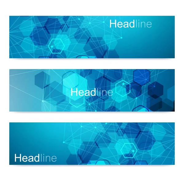 Conjunto científico de bandeiras modernas. Estrutura molecular de DNA com linhas e pontos conectados. Conceito científico e tecnológico. Fundo gráfico de fluxo de onda para o seu design. Ilustração . —  Vetores de Stock