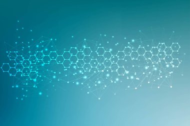Bilim ağı şablonu, noktaları ve çizgileri birleştiriyor. Teknoloji altıgenlerin yapısı veya moleküler bağlantı elementleri.