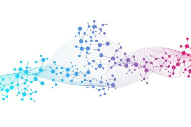 Yapı molekülü ve iletişim. DNA, atom, nöronlar. Tasarımınız için bilimsel bir kavram. Noktalarla birleştirilmiş çizgiler. Tıp, teknoloji, kimya, bilim geçmişi. Vektör illüstrasyonu.