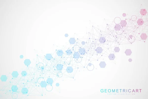 Fond futuriste moderne du modèle hexagonal scientifique. Fond abstrait virtuel avec particule, structure moléculaire pour la médecine, la technologie, la chimie, la science. Réseau social vecteur — Image vectorielle