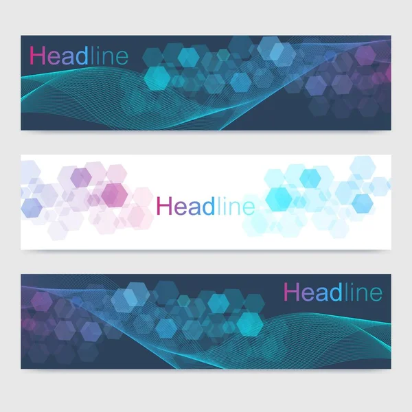 Ensemble scientifique de bannières vectorielles modernes. Structure des molécules d'ADN avec des lignes et des points connectés. Concept scientifique et technologique. Fond graphique de flux d'onde pour votre conception. Illustration vectorielle. — Image vectorielle