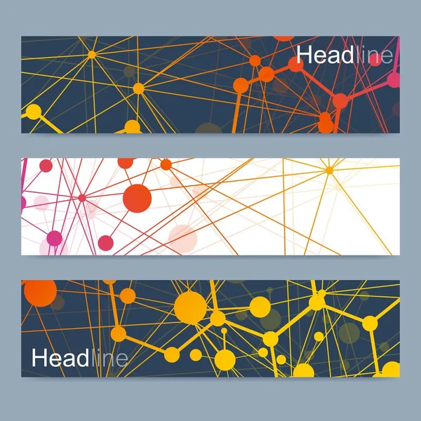 Modern vektör pankartlarının bilimsel seti. Birbirine bağlı çizgiler ve noktalar olan DNA molekül yapısı. Bilimsel ve teknoloji konsepti. Tasarımınız için dalga akış grafik arkaplanı. Vektör illüstrasyonu. — Stok Vektör