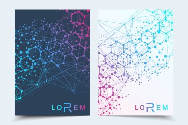 Broşür dergisi broşürleri için vektör şablonları yıllık broşür kapağı raporu. Parçacık, tıp, teknoloji, kimya, bilim için molekül yapısı ile modern fütürist altıgen desen.