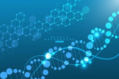 Yapı molekülü ve iletişim. DNA, atom, nöronlar. Tasarımınız için bilimsel bir kavram. Noktalarla birleştirilmiş çizgiler. Tıp, teknoloji, kimya, bilim geçmişi. Vektör illüstrasyonu.