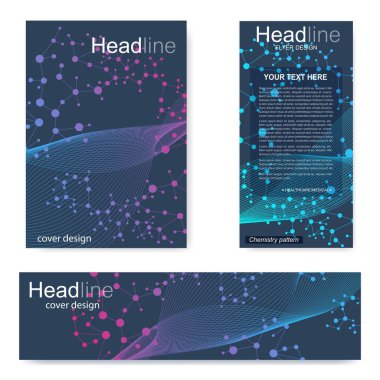 Broşür, A4 şablonu, afiş ayarla. Birbirine bağlı çizgiler ve noktalar olan moleküler yapı. Dergi, broşür, kapak, poster tasarımı için elementleri olan bilimsel desenli atom DNA 'sı.