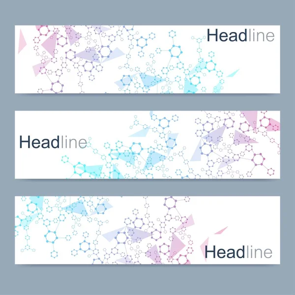 Ensemble scientifique de bannières vectorielles modernes. Structure des molécules d'ADN avec des lignes et des points connectés. Concept scientifique et technologique. Fond graphique de flux d'onde pour votre conception. Illustration vectorielle. — Image vectorielle