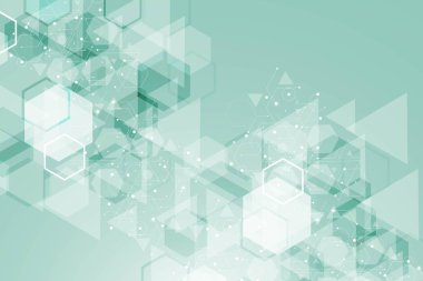 Bilim ağı şablonu, noktaları ve çizgileri birleştiriyor. Teknoloji altıgenlerin yapısı veya moleküler bağlantı elementleri.