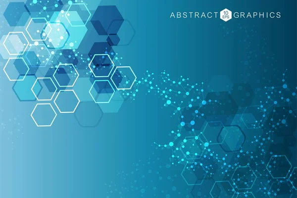 Wetenschapsnetwerkpatroon, verbindingslijnen en stippen. Technologiehexagonstructuur of moleculaire verbindingselementen. — Stockvector