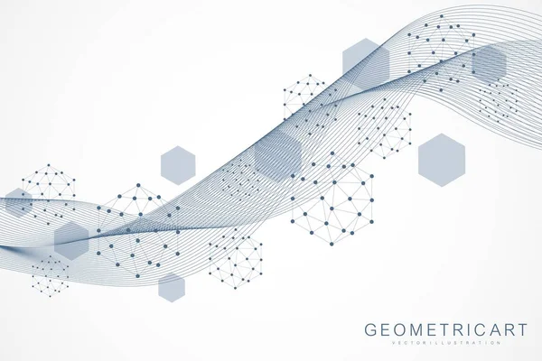 Vetenskap nätverk mönster, anslutande linjer och prickar. Teknik hexagoner struktur eller molekylära anslutningselement. — Stock vektor