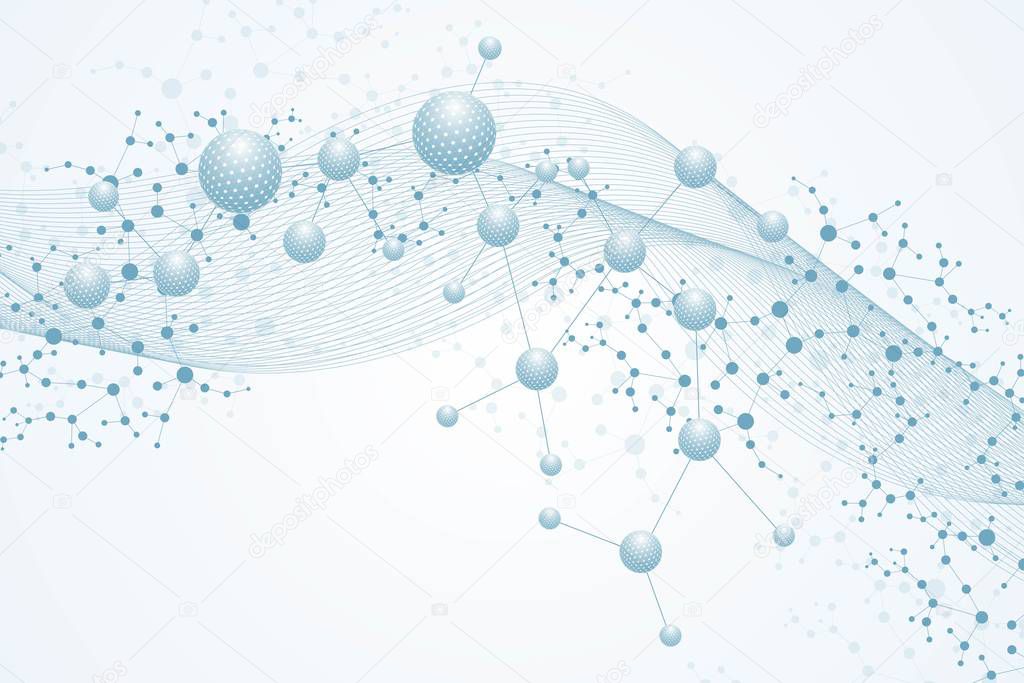 Structure molecule and communication. Dna, atom, neurons. Scientific concept for your design. Connected lines with dots. Medical, technology, chemistry, science background. Vector illustration.