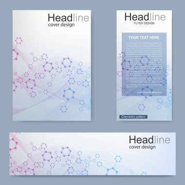 Broşür, A4 şablonu, afiş ayarla. Birbirine bağlı çizgiler ve noktalar olan moleküler yapı. Dergi, broşür, kapak, poster tasarımı için elementleri olan bilimsel desenli atom DNA 'sı.