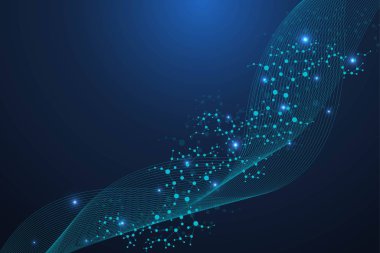 Yapı molekülü ve iletişim. DNA, atom, nöronlar. Tasarımınız için bilimsel bir kavram. Noktalarla birleştirilmiş çizgiler. Tıp, teknoloji, kimya, bilim geçmişi. Vektör illüstrasyonu.