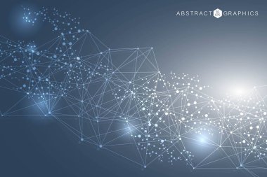 Bağlı çizgi ve noktalarla Geometrik soyut arkaplan. Yapı molekülü ve iletişim. Büyük Veri Görselleştirme. Tıp, teknoloji, bilim geçmişi. Vektör illüstrasyonu.