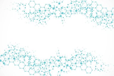 Yapı molekülü ve iletişim. DNA, atom, nöronlar. Tasarımınız için bilimsel bir kavram. Noktalarla birleştirilmiş çizgiler. Tıp, teknoloji, kimya, bilim geçmişi. Vektör illüstrasyonu.