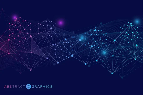 Modèle de réseau scientifique, lignes et points de connexion. Technologie hexagones structure ou éléments de connexion moléculaire. — Image vectorielle