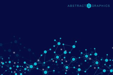 Yapı molekülü ve iletişim. DNA, atom, nöronlar. Tasarımınız için bilimsel bir kavram. Noktalarla birleştirilmiş çizgiler. Tıp, teknoloji, kimya, bilim geçmişi. Vektör illüstrasyonu.