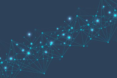 Bağlı çizgi ve noktalarla Geometrik soyut arkaplan. Yapı molekülü ve iletişim. Büyük Veri Görselleştirme. Tıp, teknoloji, bilim geçmişi. Vektör illüstrasyonu.