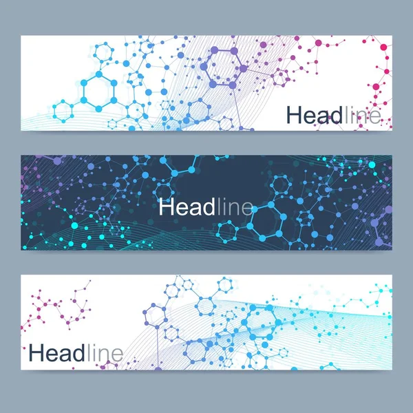 Modern vektör pankartlarının bilimsel seti. Birbirine bağlı çizgiler ve noktalar olan DNA molekül yapısı. Bilimsel ve teknoloji konsepti. Tasarımınız için dalga akış grafik arkaplanı. Vektör illüstrasyonu. — Stok Vektör