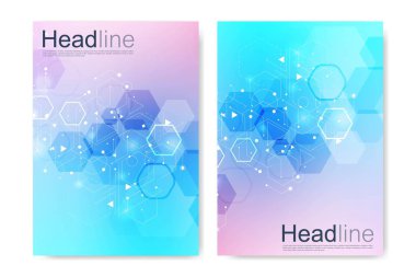 Broşür dergisi broşürleri için vektör şablonları yıllık broşür kapağı raporu. Parçacık, tıp, teknoloji, kimya, bilim için molekül yapısı ile modern fütürist altıgen desen.