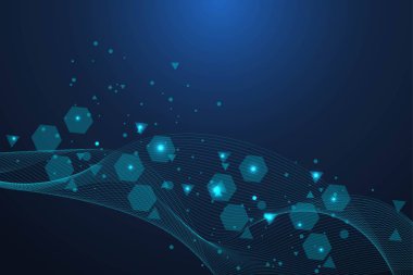 Bilim ağı şablonu, noktaları ve çizgileri birleştiriyor. Teknoloji altıgenlerin yapısı veya moleküler bağlantı elementleri.