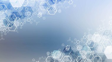 Bilim ağı şablonu, noktaları ve çizgileri birleştiriyor. Teknoloji altıgenlerin yapısı veya moleküler bağlantı elementleri.