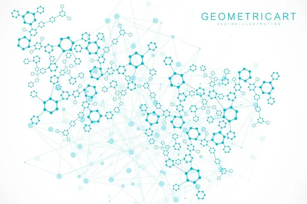 Modello di rete scientifica, linee di connessione e punti. Tecnologia esagoni struttura o elementi di connessione molecolare. — Vettoriale Stock