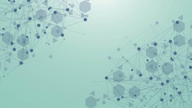Bilim ağı şablonu, noktaları ve çizgileri birleştiriyor. Teknoloji altıgenlerin yapısı veya moleküler bağlantı elementleri.