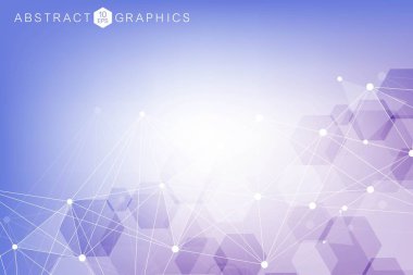 Bilim ağı şablonu, noktaları ve çizgileri birleştiriyor. Teknoloji altıgenlerin yapısı veya moleküler bağlantı elementleri.