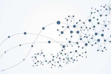 Yapı molekülü ve iletişim. DNA, atom, nöronlar. Tasarımınız için bilimsel bir kavram. Noktalarla birleştirilmiş çizgiler. Tıp, teknoloji, kimya, bilim geçmişi. Vektör illüstrasyonu.