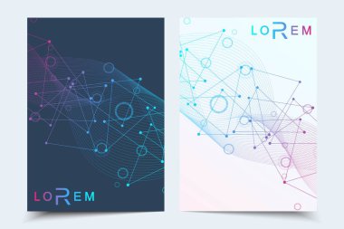 Broşür dergisi broşürleri için vektör şablonları yıllık broşür kapağı raporu. Parçacık, tıp, teknoloji, kimya, bilim için molekül yapısı ile modern fütürist altıgen desen.