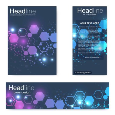 Broşür, A4 şablonu, afiş ayarla. Birbirine bağlı çizgiler ve noktalar olan moleküler yapı. Dergi, broşür, kapak, poster tasarımı için elementleri olan bilimsel desenli atom DNA 'sı.