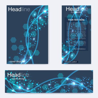 Broşür, A4 şablonu, afiş ayarla. Birbirine bağlı çizgiler ve noktalar olan moleküler yapı. Dergi, broşür, kapak, poster tasarımı için elementleri olan bilimsel desenli atom DNA 'sı.