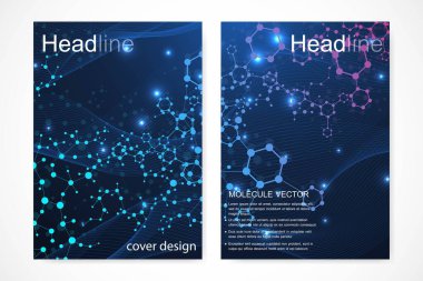 Bilimsel broşür tasarım şablonu. Vektör broşürü düzeni, birbirine bağlı çizgiler ve noktalarla moleküler yapı. Dergi, broşür, kapak, poster tasarımı için elementleri olan bilimsel desenli atom DNA 'sı.