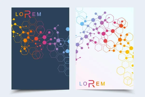 Szablony wektorowe dla broszury ulotka ulotka okładka broszura roczny raport. Nowoczesny futurystyczny sześciokątny wzór z cząsteczkami, struktura molekularna dla medycyny, technologii, chemii, nauki. — Wektor stockowy