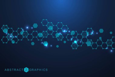 Bilim ağı şablonu, noktaları ve çizgileri birleştiriyor. Teknoloji altıgenlerin yapısı veya moleküler bağlantı elementleri.