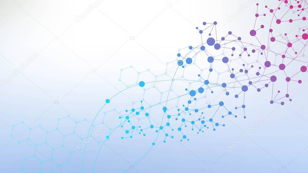 Structure molecule and communication. Dna, atom, neurons. Scientific concept for your design. Connected lines with dots. Medical, technology, chemistry, science background. Vector illustration.