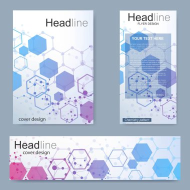 Broşür, A4 şablonu, afiş ayarla. Birbirine bağlı çizgiler ve noktalar olan moleküler yapı. Dergi, broşür, kapak, poster tasarımı için elementleri olan bilimsel desenli atom DNA 'sı.