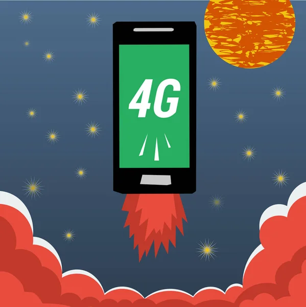 Mobile dengan 4G internet terbang di langit malam - Stok Vektor