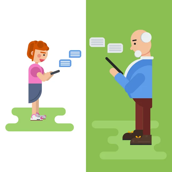 Opa en kleindochter communiceren via sociale netwerken — Stockvector