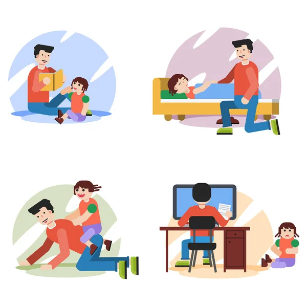 Quatro conceitos de pai com filha em casa —  Vetores de Stock