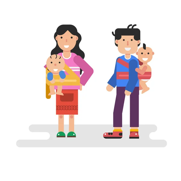 Pai e mãe segurando crianças no lenço de funda — Vetor de Stock