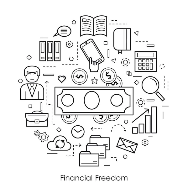 Pénzügyi szabadság - kerek fekete-fehér koncepció — Stock Vector