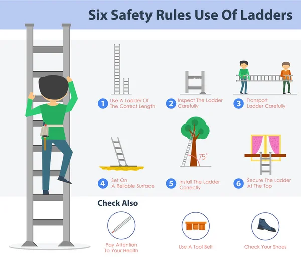 Seis réguas de segurança uso de escadas — Vetor de Stock